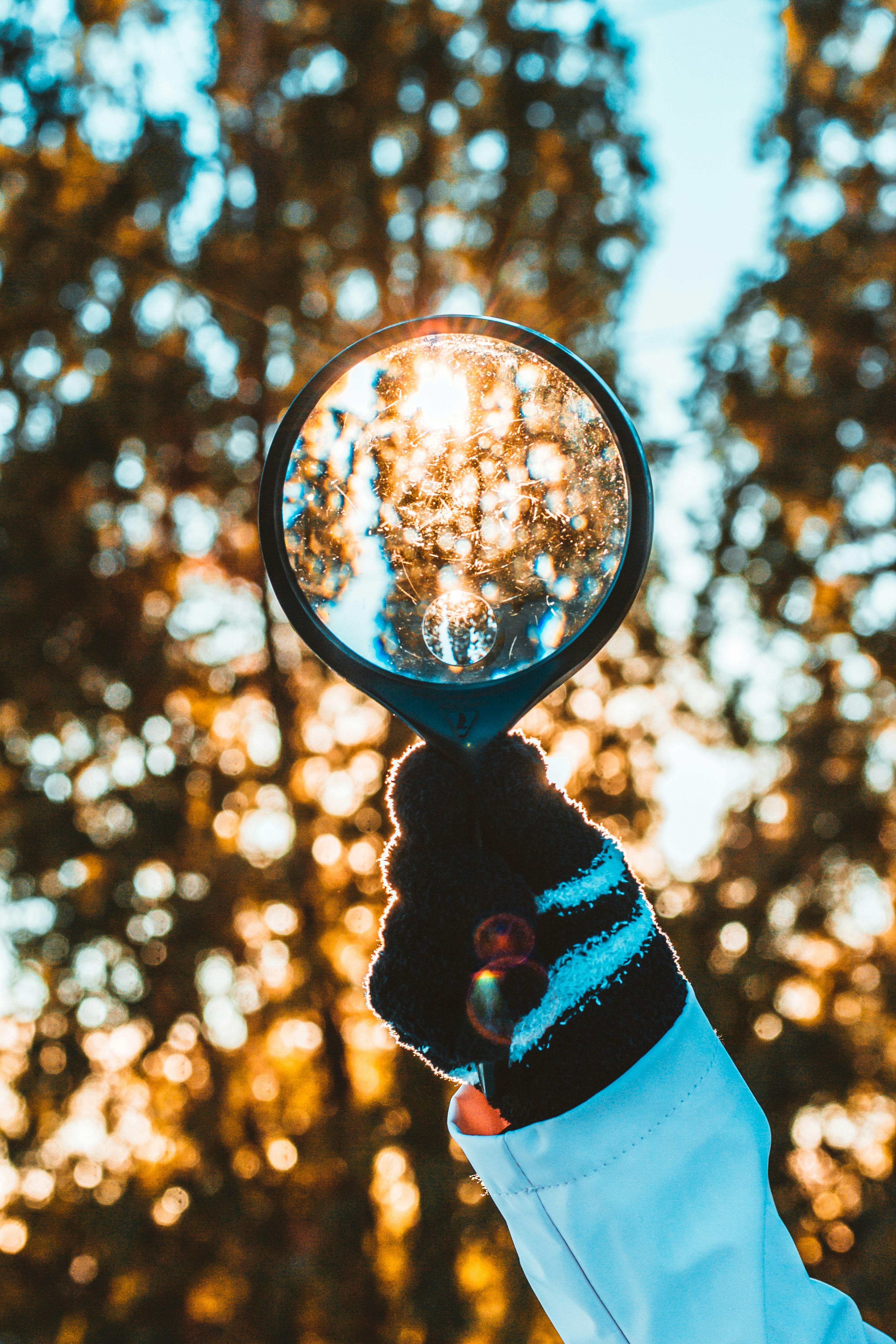 Close-up of a hand holding a black magnifying glass focusing on details